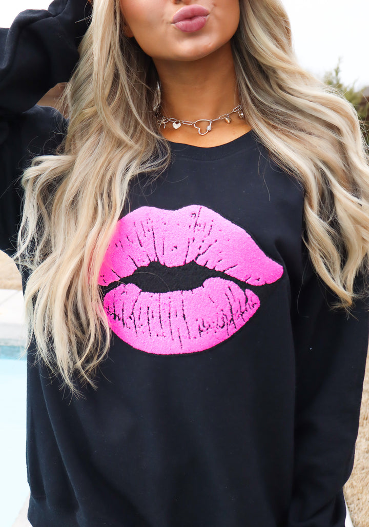 Pink Lips Patch on Black Crew Birthday Launch